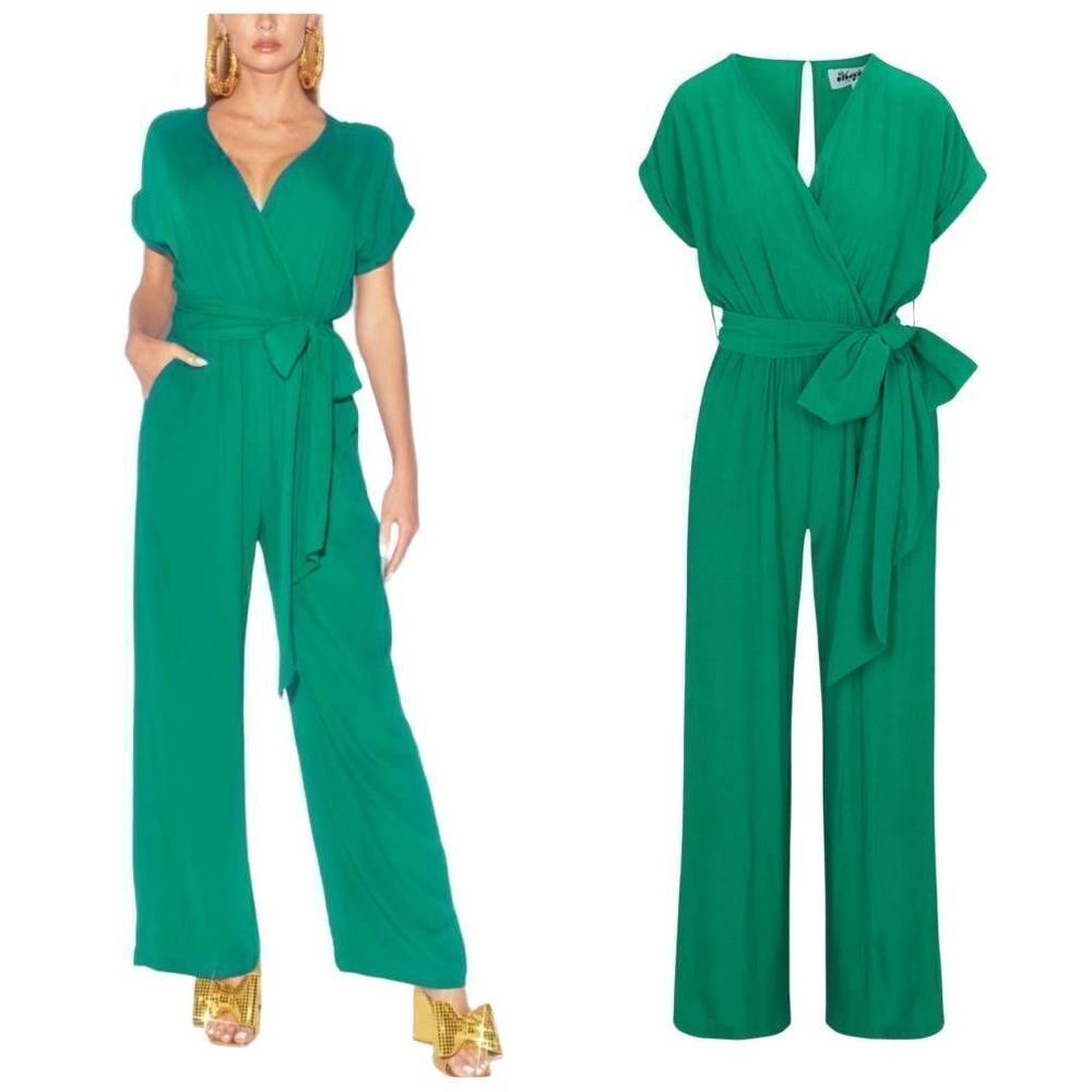 Meghan LA Wonderland Jumpsuit Wide Leg Surplice V-Neck in Emerald Size XXXL